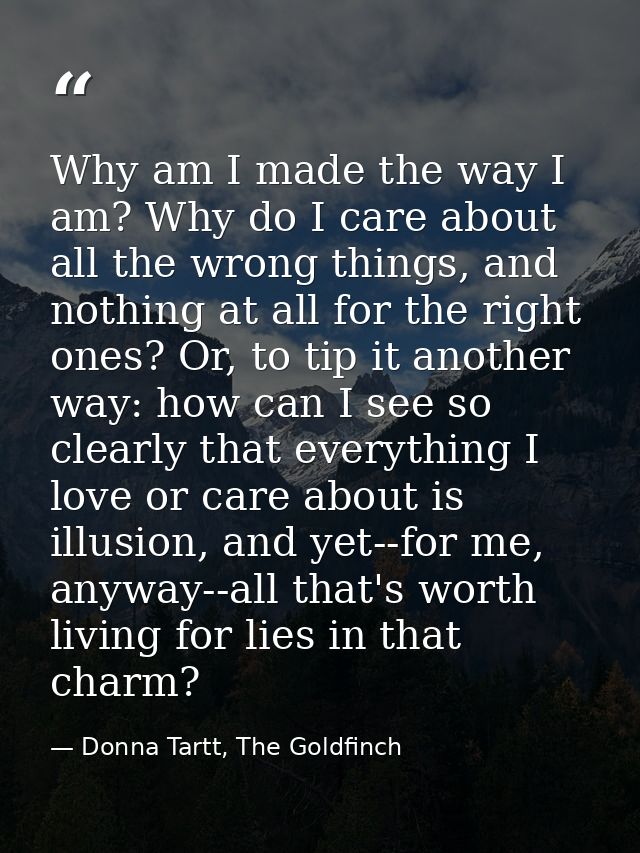 Why am I made the way I am? Why do I care about all the wrong things, and nothing at all for the right ones? Or, to tip  — Donna Tartt, The Goldfinch