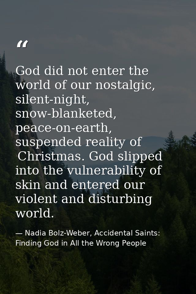 God did not enter the world of our nostalgic, silent-night, snow-blanketed, peace-on-earth, suspended reality of  Christ — Nadia Bolz-Weber, Accidental Saints: Finding God in All the Wrong People