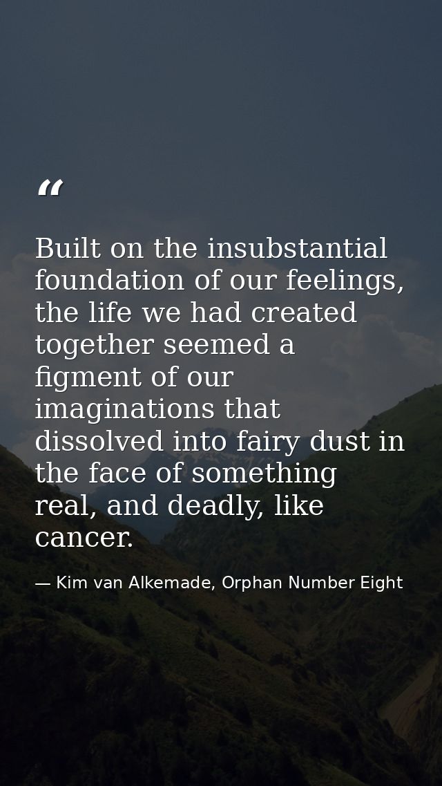 Built on the insubstantial foundation of our feelings, the life we had created together seemed a figment of our imaginat — Kim van Alkemade, Orphan Number Eight