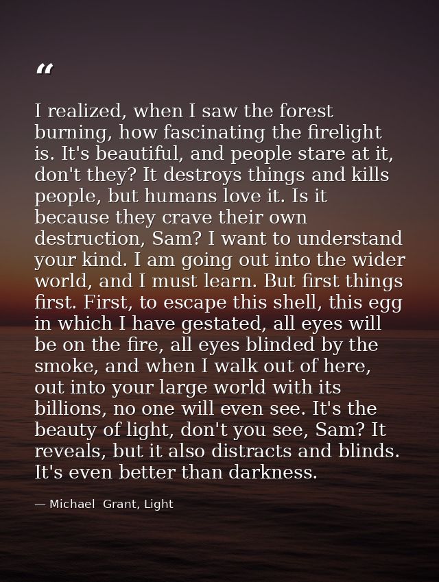 I realized, when I saw the forest burning, how fascinating the firelight is. It's beautiful, and people stare at it, don — Michael  Grant, Light