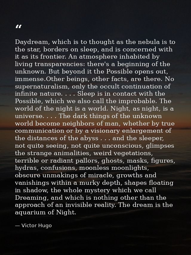 Daydream, which is to thought as the nebula is to the star, borders on sleep, and is concerned with it as its frontier.  — Victor Hugo