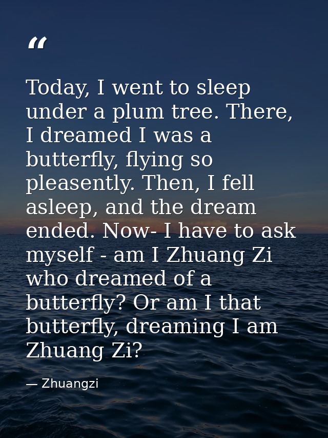 Today, I went to sleep under a plum tree. There, I dreamed I was a butterfly, flying so pleasently. Then, I fell asleep, — Zhuangzi