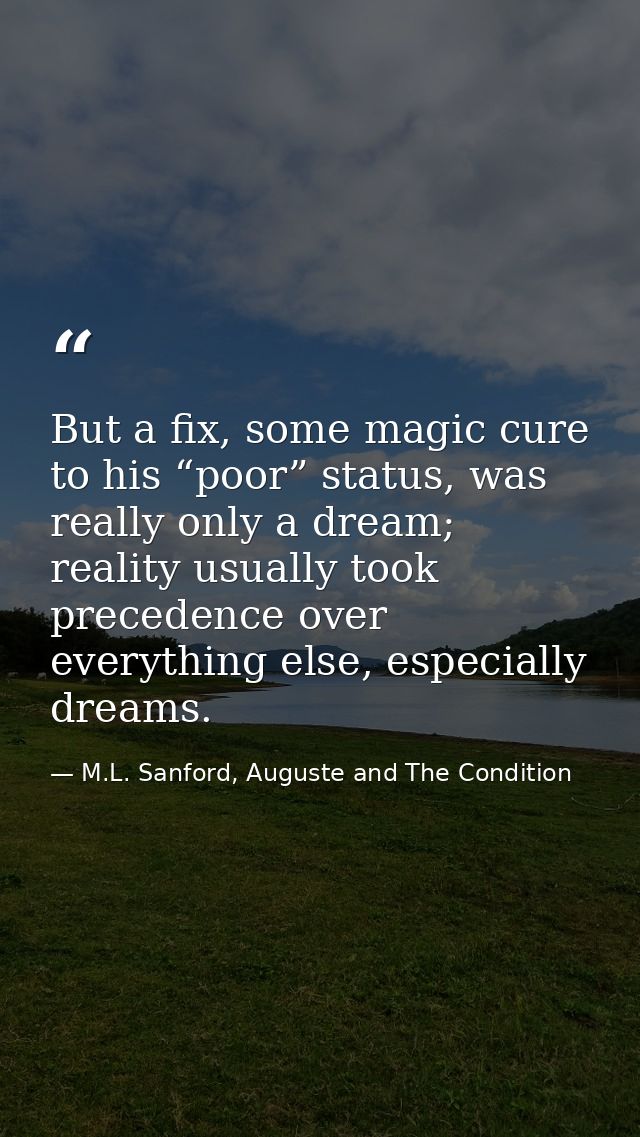 But a fix, some magic cure to his “poor” status, was really only a dream; reality usually took precedence over everythin — M.L. Sanford, Auguste and The Condition