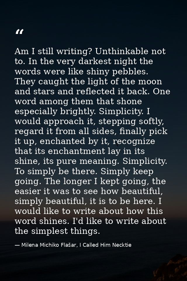Am I still writing? Unthinkable not to. In the very darkest night the words were like shiny pebbles. They caught the lig — Milena Michiko Flašar, I Called Him Necktie