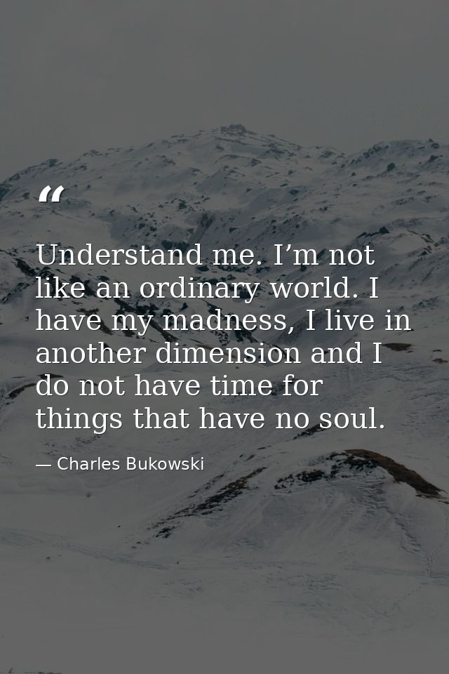 Understand me. I’m not like an ordinary world. I have my madness, I live in another dimension and I do not have time for — Charles Bukowski