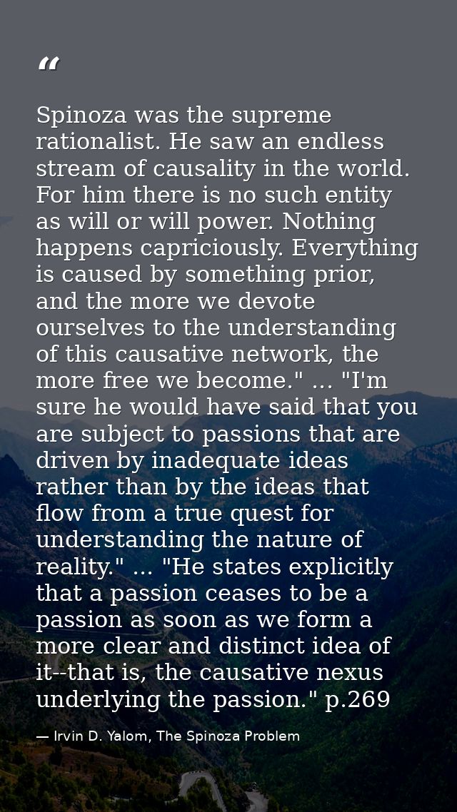Spinoza was the supreme rationalist. He saw an endless stream of causality in the world. For him there is no such entity — Irvin D. Yalom, The Spinoza Problem
