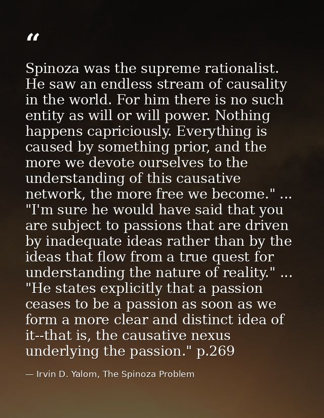 Spinoza was the supreme rationalist. He saw an endless stream of causality in the world. For him there is no such entity — Irvin D. Yalom, The Spinoza Problem