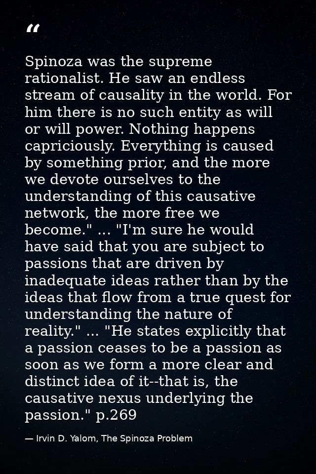 Spinoza was the supreme rationalist. He saw an endless stream of causality in the world. For him there is no such entity — Irvin D. Yalom, The Spinoza Problem