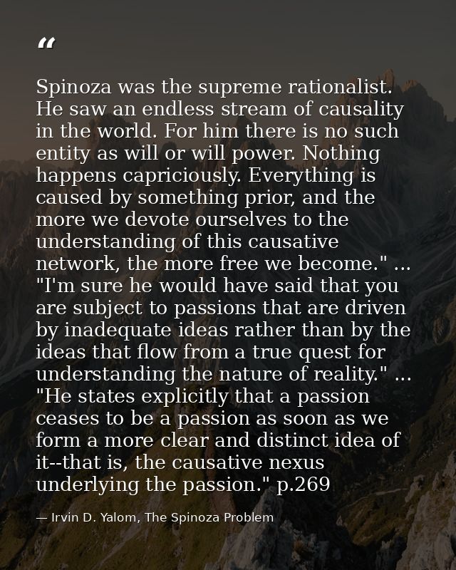 Spinoza was the supreme rationalist. He saw an endless stream of causality in the world. For him there is no such entity — Irvin D. Yalom, The Spinoza Problem