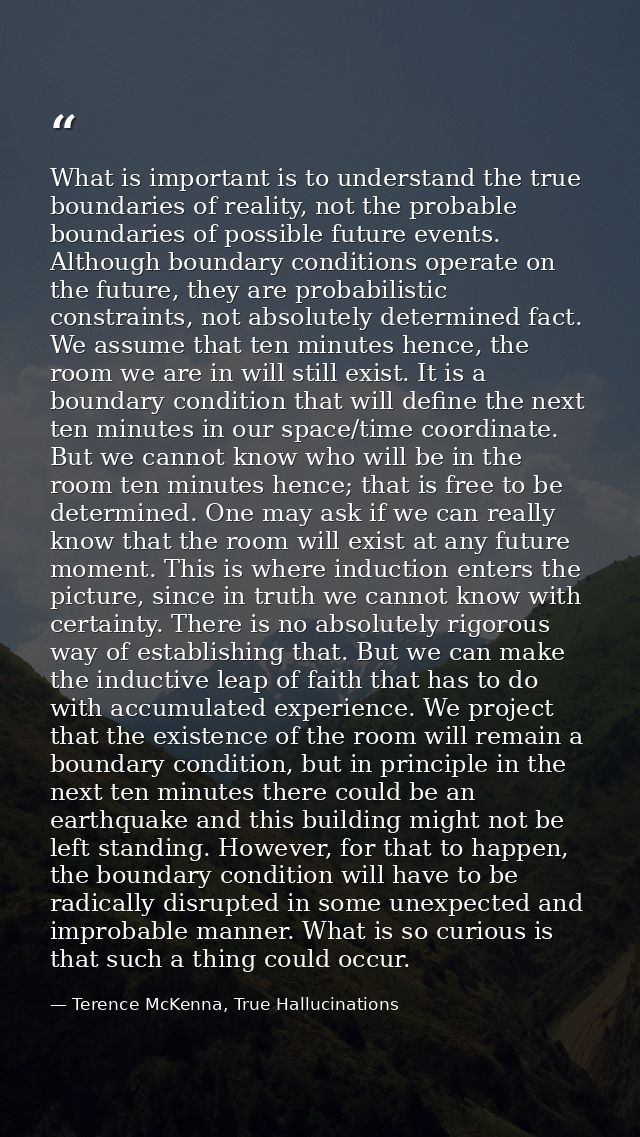 What is important is to understand the true boundaries of reality, not the probable boundaries of possible future events — Terence McKenna, True Hallucinations