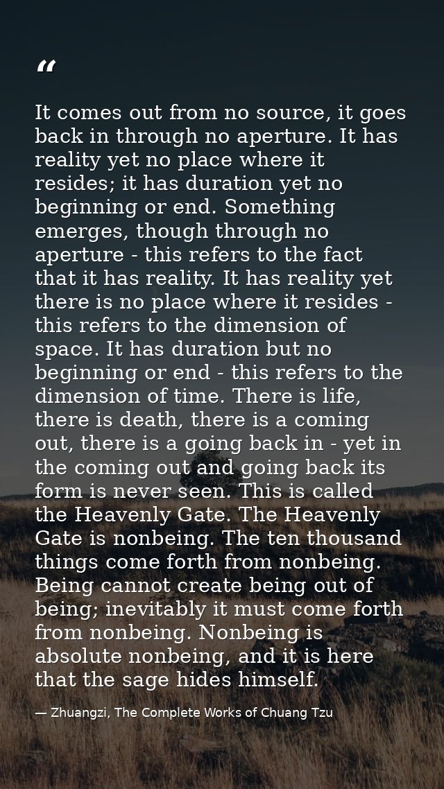 It comes out from no source, it goes back in through no aperture. It has reality yet no place where it resides; it has d — Zhuangzi, The Complete Works of Chuang Tzu