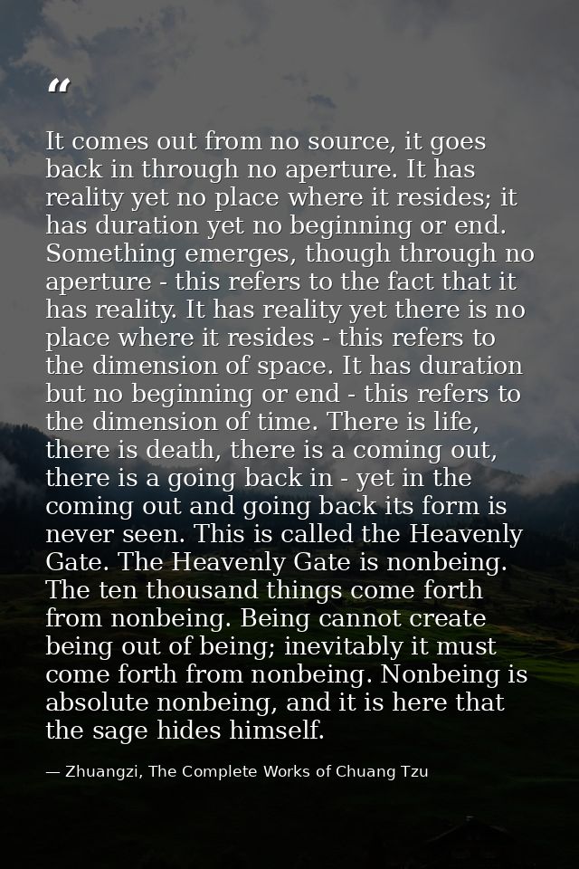 It comes out from no source, it goes back in through no aperture. It has reality yet no place where it resides; it has d — Zhuangzi, The Complete Works of Chuang Tzu