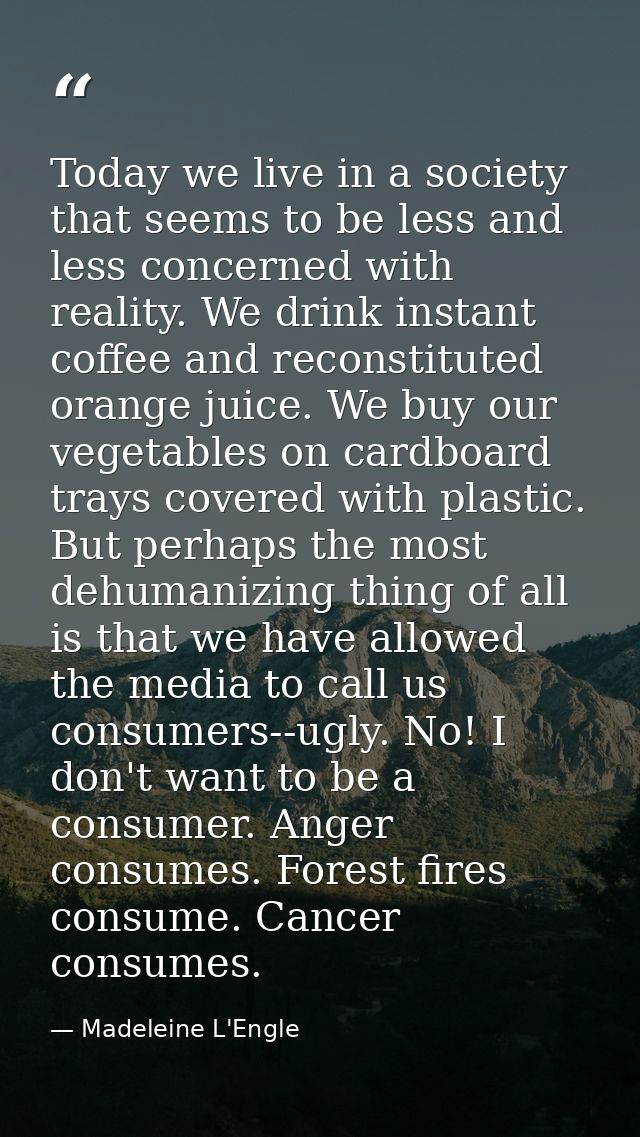 Today we live in a society that seems to be less and less concerned with reality. We drink instant coffee and reconstitu — Madeleine L'Engle