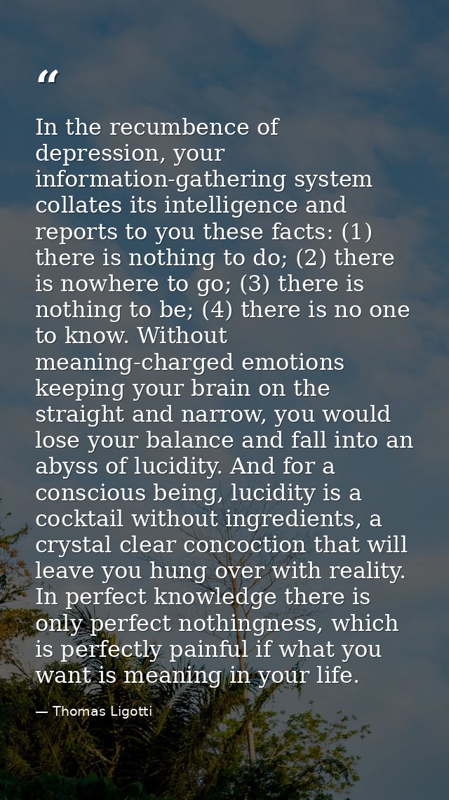 In the recumbence of depression, your information-gathering system collates its intelligence and reports to you these fa — Thomas Ligotti