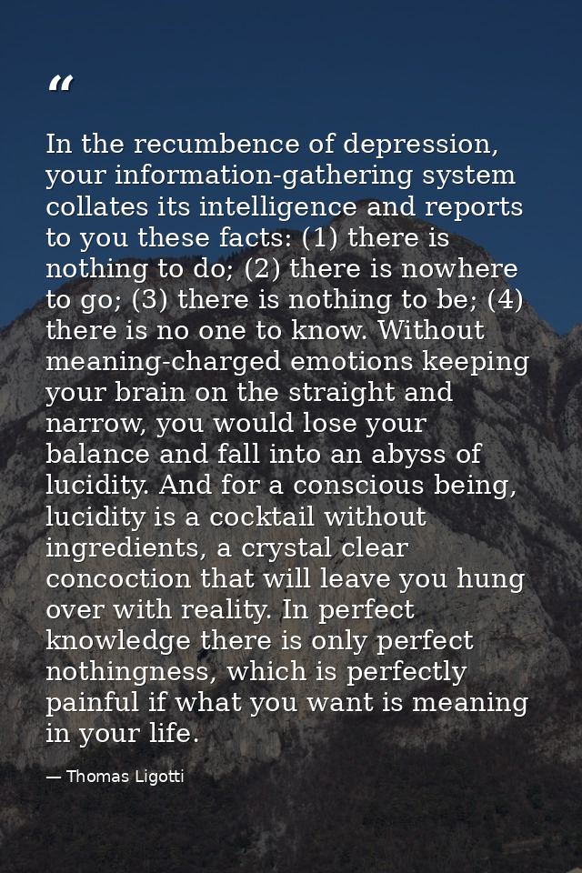In the recumbence of depression, your information-gathering system collates its intelligence and reports to you these fa — Thomas Ligotti