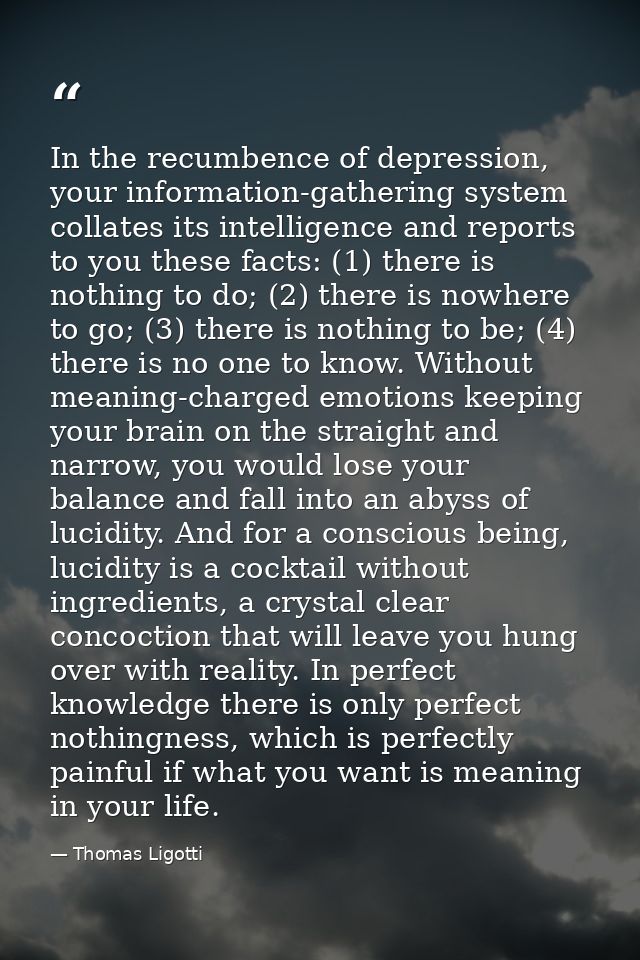 In the recumbence of depression, your information-gathering system collates its intelligence and reports to you these fa — Thomas Ligotti