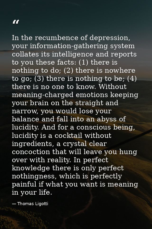 In the recumbence of depression, your information-gathering system collates its intelligence and reports to you these fa — Thomas Ligotti