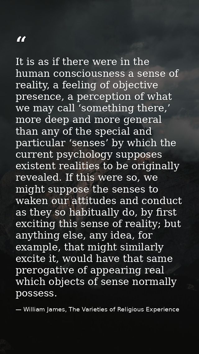 It is as if there were in the human consciousness a sense of reality, a feeling of objective presence, a perception of w — William James, The Varieties of Religious Experience