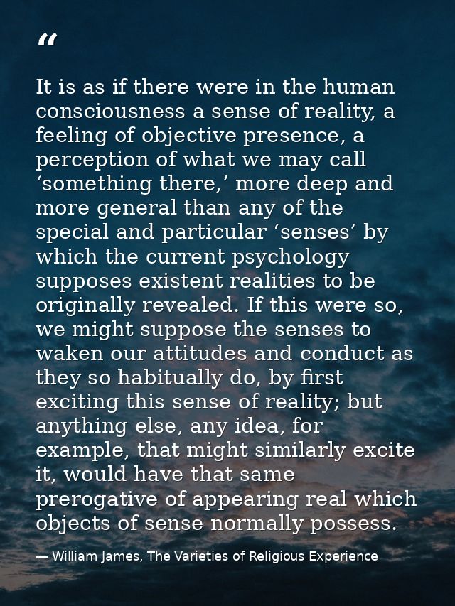 It is as if there were in the human consciousness a sense of reality, a feeling of objective presence, a perception of w — William James, The Varieties of Religious Experience