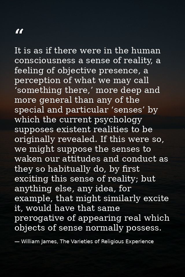 It is as if there were in the human consciousness a sense of reality, a feeling of objective presence, a perception of w — William James, The Varieties of Religious Experience