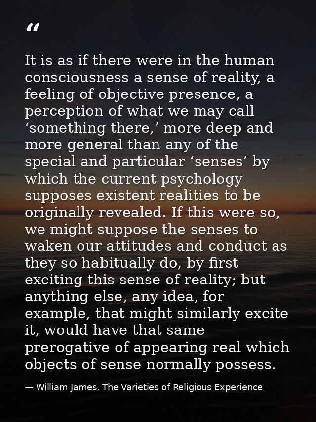 It is as if there were in the human consciousness a sense of reality, a feeling of objective presence, a perception of w — William James, The Varieties of Religious Experience