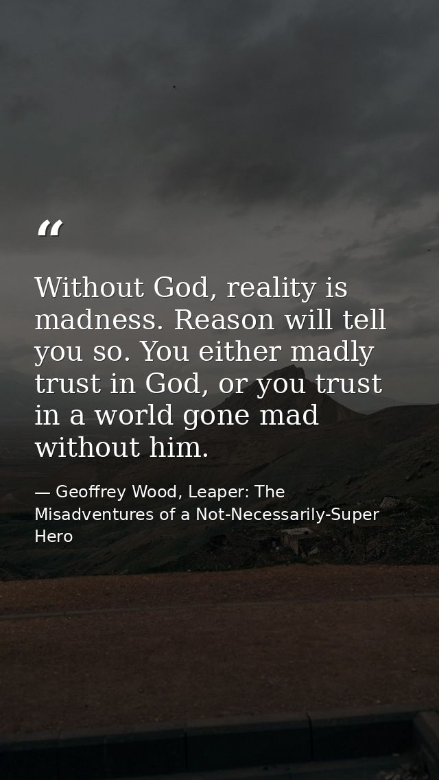 Without God, reality is madness. Reason will tell you so. You either madly trust in God, or you trust in a world gone ma — Geoffrey Wood, Leaper: The Misadventures of a Not-Necessarily-Super Hero