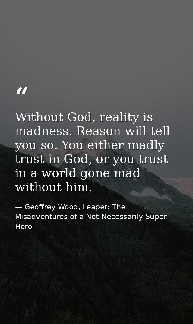 Without God, reality is madness. Reason will tell you so. You either madly trust in God, or you trust in a world gone ma — Geoffrey Wood, Leaper: The Misadventures of a Not-Necessarily-Super Hero