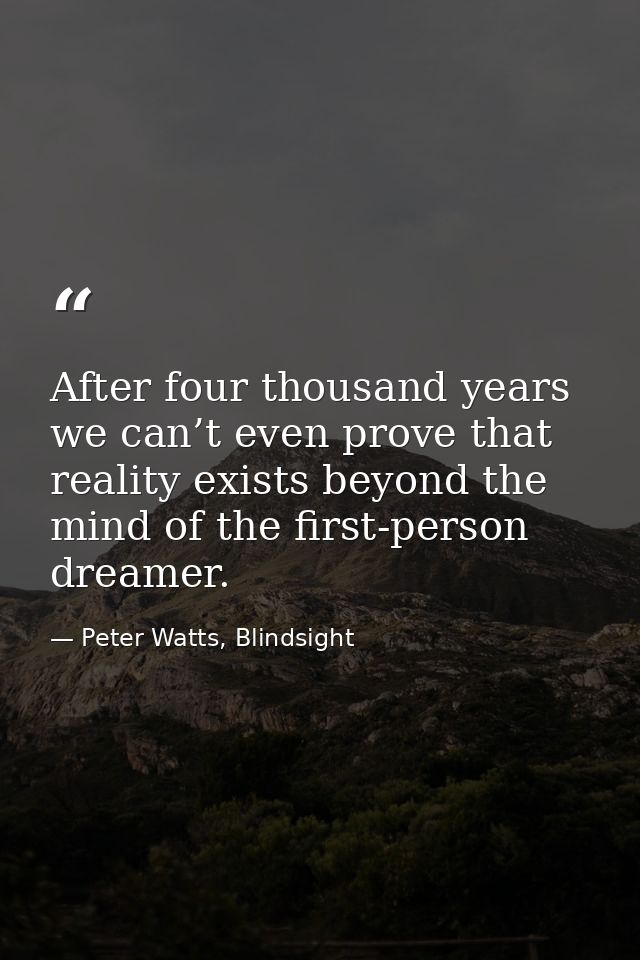 After four thousand years we can’t even prove that reality exists beyond the mind of the first-person dreamer. — Peter Watts, Blindsight