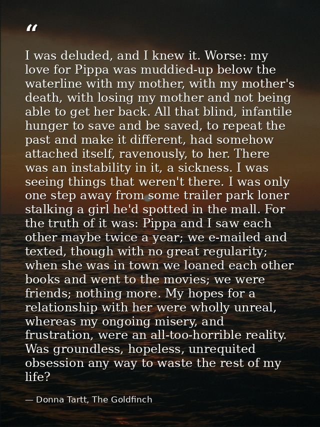 I was deluded, and I knew it. Worse: my love for Pippa was muddied-up below the waterline with my mother, with my mother — Donna Tartt, The Goldfinch