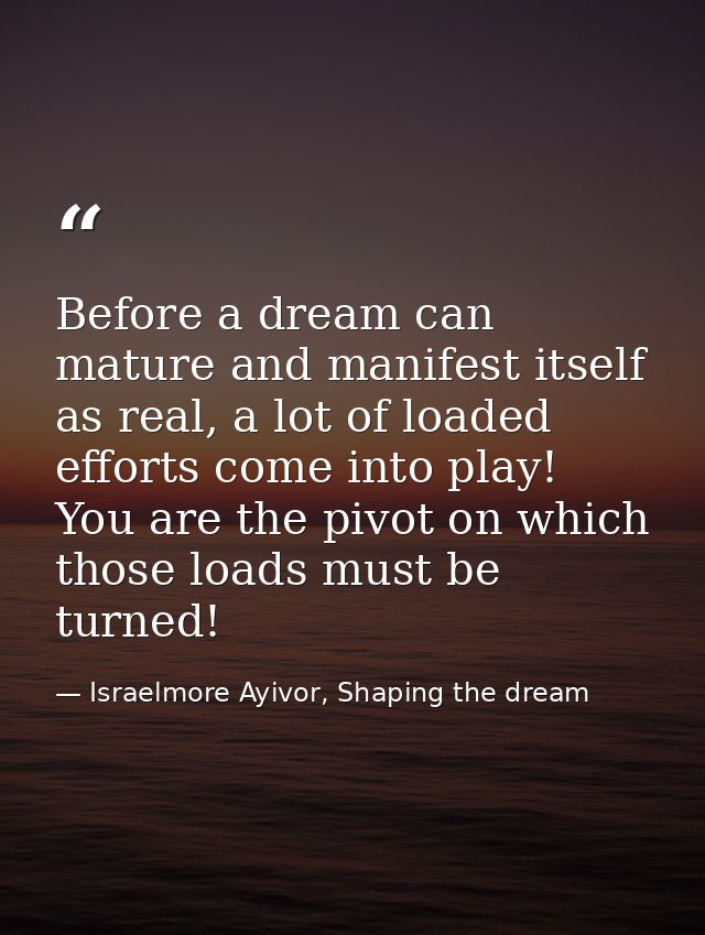 Before a dream can mature and manifest itself as real, a lot of loaded efforts come into play! You are the pivot on whic — Israelmore Ayivor, Shaping the dream