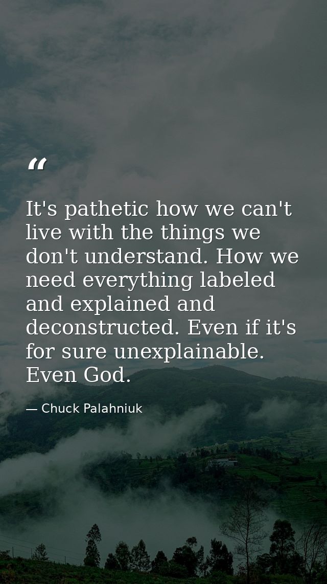 It's pathetic how we can't live with the things we don't understand. How we need everything labeled and explained and de — Chuck Palahniuk