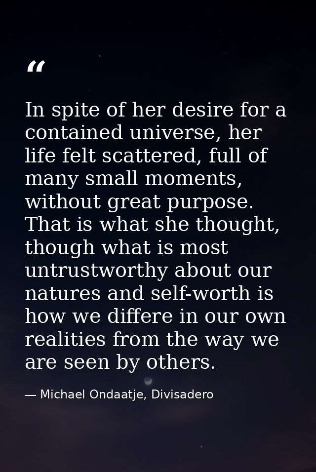 In spite of her desire for a contained universe, her life felt scattered, full of many small moments, without great purp — Michael Ondaatje, Divisadero