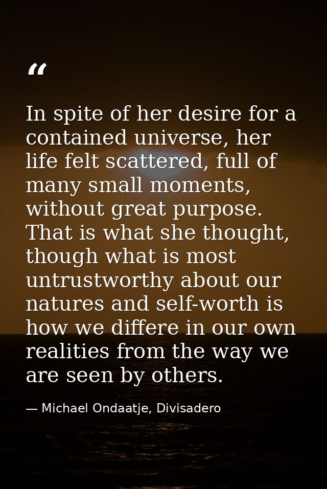 In spite of her desire for a contained universe, her life felt scattered, full of many small moments, without great purp — Michael Ondaatje, Divisadero