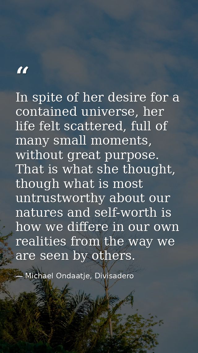 In spite of her desire for a contained universe, her life felt scattered, full of many small moments, without great purp — Michael Ondaatje, Divisadero