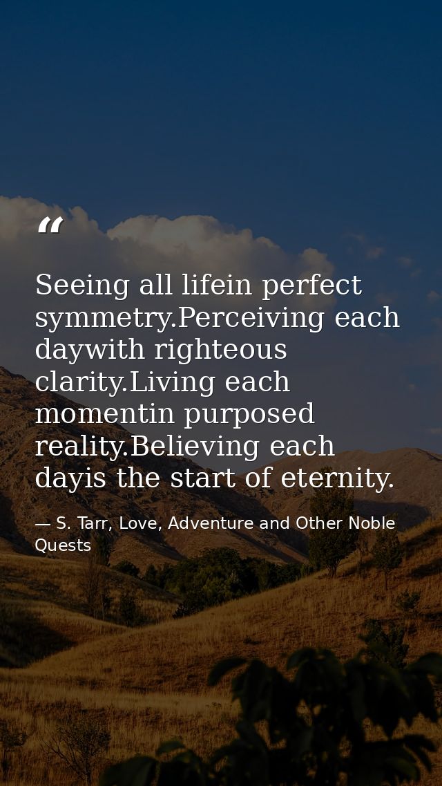 Seeing all lifein perfect symmetry.Perceiving each daywith righteous clarity.Living each momentin purposed reality.Belie — S. Tarr, Love, Adventure and Other Noble Quests