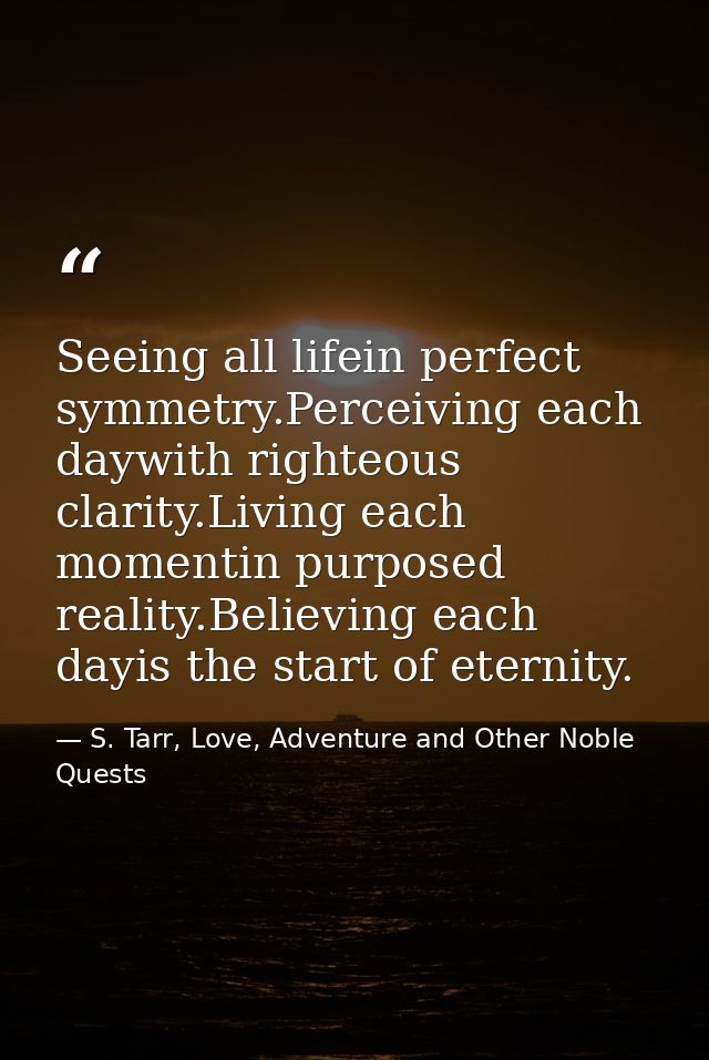 Seeing all lifein perfect symmetry.Perceiving each daywith righteous clarity.Living each momentin purposed reality.Belie — S. Tarr, Love, Adventure and Other Noble Quests