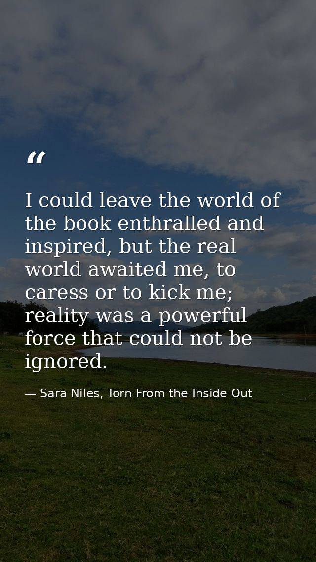 I could leave the world of the book enthralled and inspired, but the real world awaited me, to caress or to kick me; rea — Sara Niles, Torn From the Inside Out