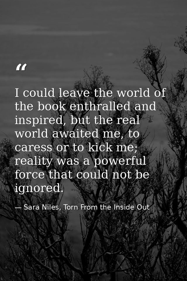 I could leave the world of the book enthralled and inspired, but the real world awaited me, to caress or to kick me; rea — Sara Niles, Torn From the Inside Out