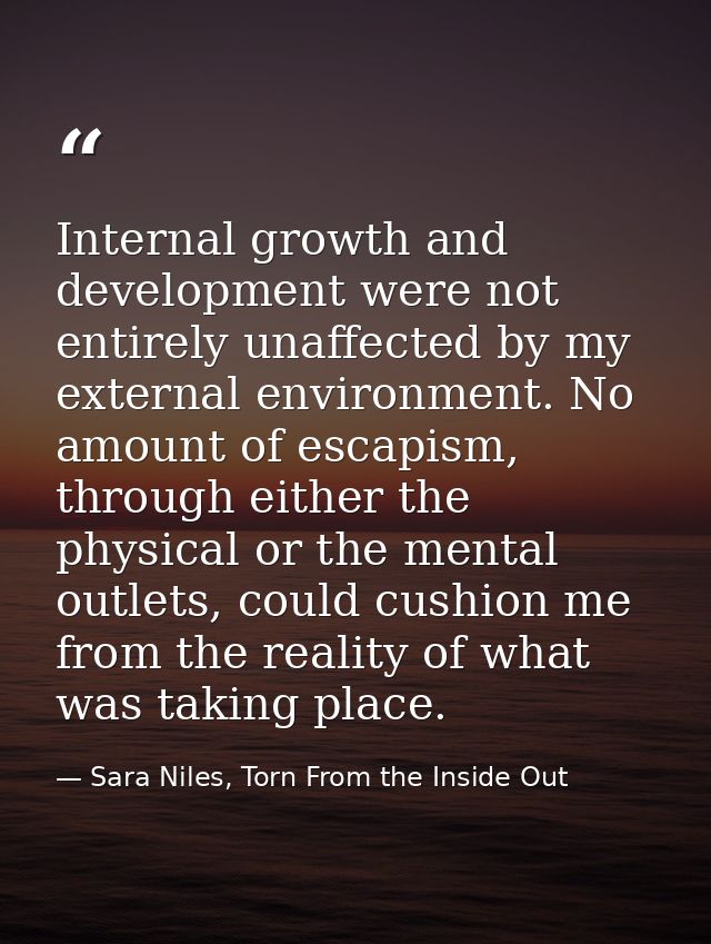Internal growth and development were not entirely unaffected by my external environment. No amount of escapism, through  — Sara Niles, Torn From the Inside Out