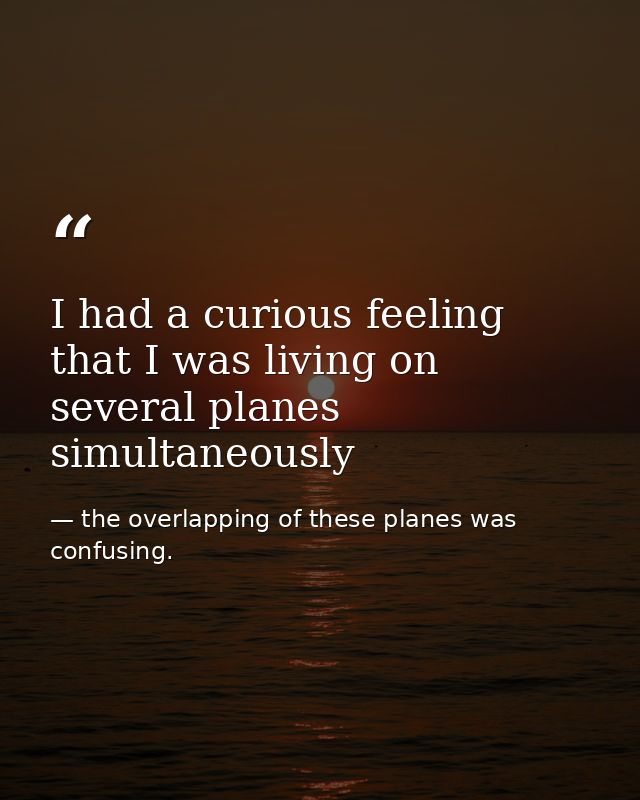 I had a curious feeling that I was living on several planes simultaneously — the overlapping of these planes was confusing.
