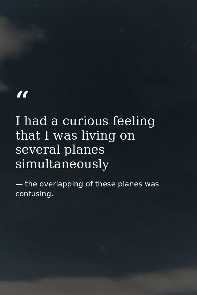 I had a curious feeling that I was living on several planes simultaneously — the overlapping of these planes was confusing.