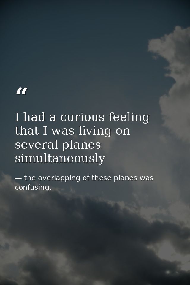 I had a curious feeling that I was living on several planes simultaneously — the overlapping of these planes was confusing.