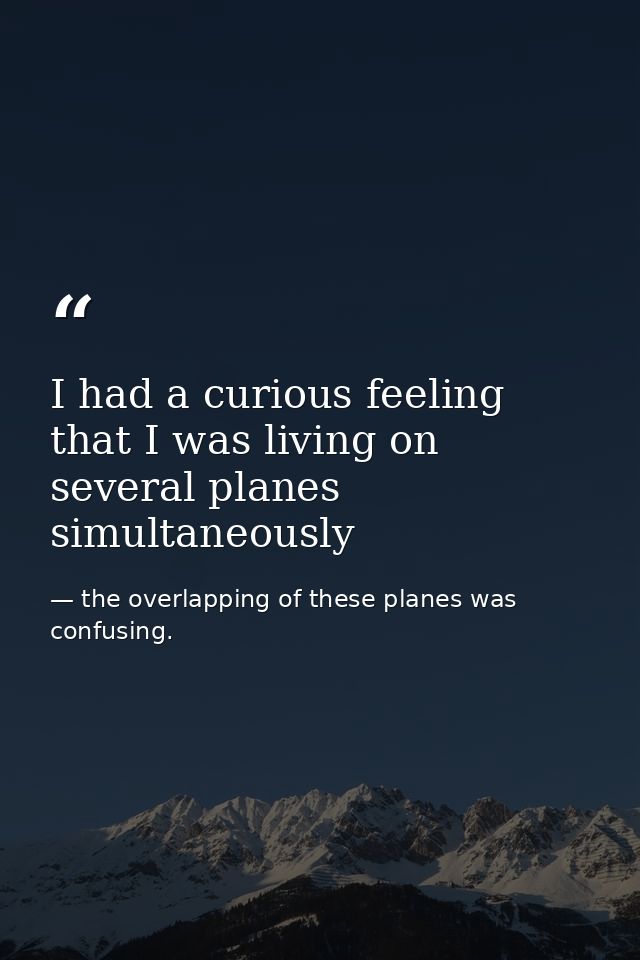 I had a curious feeling that I was living on several planes simultaneously — the overlapping of these planes was confusing.