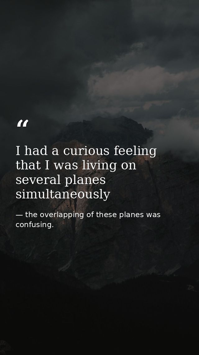 I had a curious feeling that I was living on several planes simultaneously — the overlapping of these planes was confusing.
