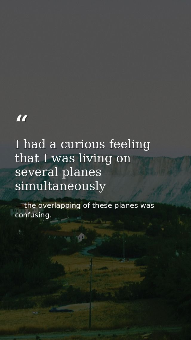 I had a curious feeling that I was living on several planes simultaneously — the overlapping of these planes was confusing.
