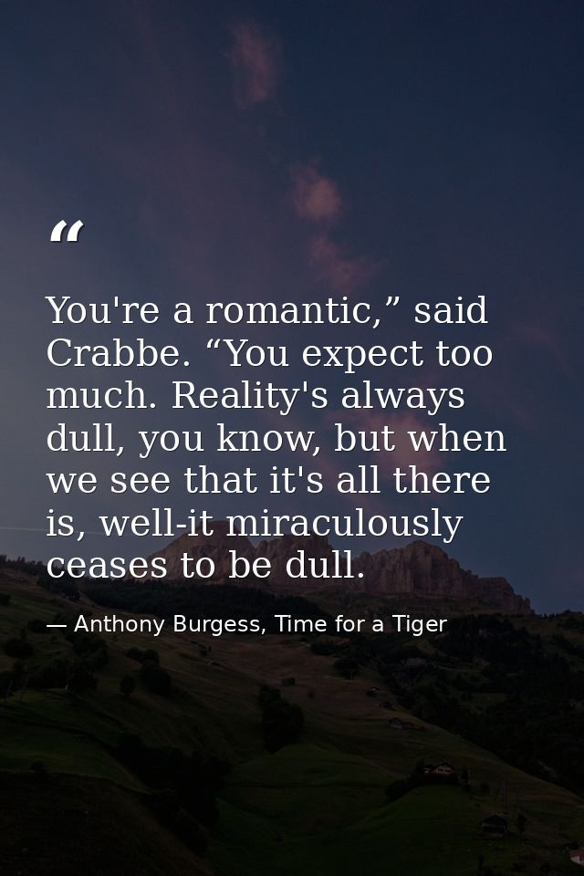 You're a romantic,” said Crabbe. “You expect too much. Reality's always dull, you know, but when we see that it's all th — Anthony Burgess, Time for a Tiger