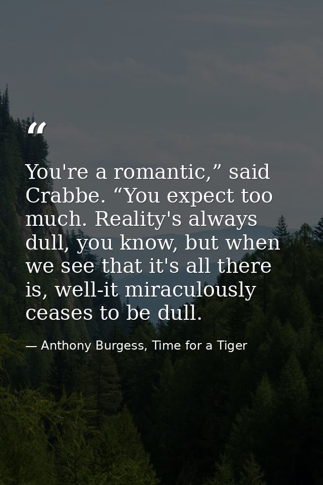 You're a romantic,” said Crabbe. “You expect too much. Reality's always dull, you know, but when we see that it's all th — Anthony Burgess, Time for a Tiger