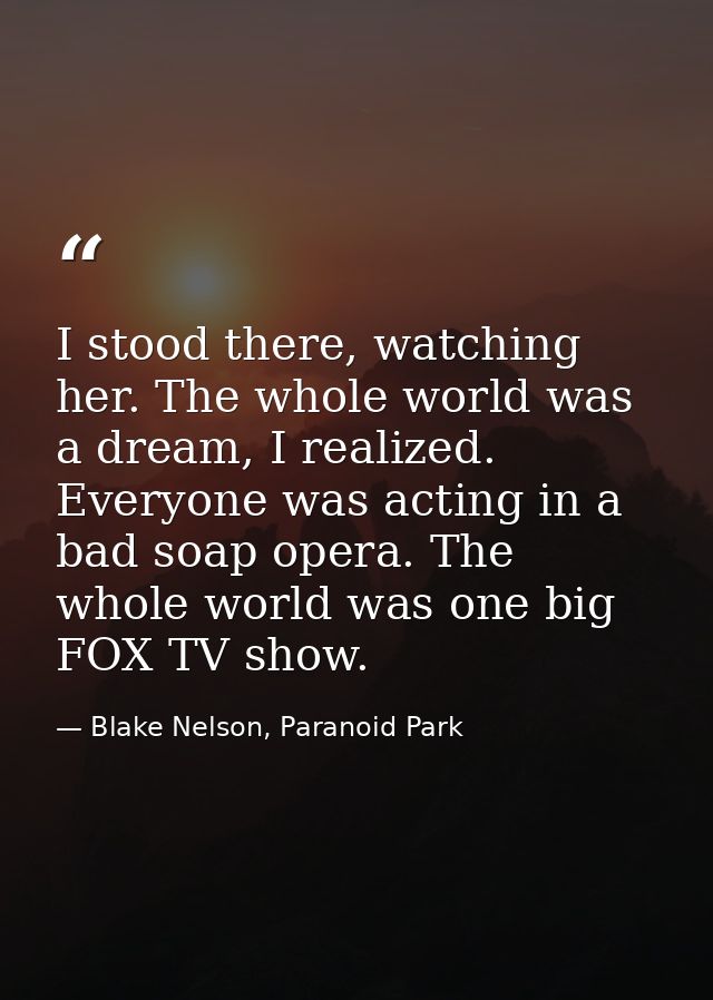 I stood there, watching her. The whole world was a dream, I realized. Everyone was acting in a bad soap opera. The whole — Blake Nelson, Paranoid Park