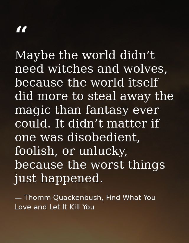 Maybe the world didn’t need witches and wolves, because the world itself did more to steal away the magic than fantasy e — Thomm Quackenbush, Find What You Love and Let It Kill You