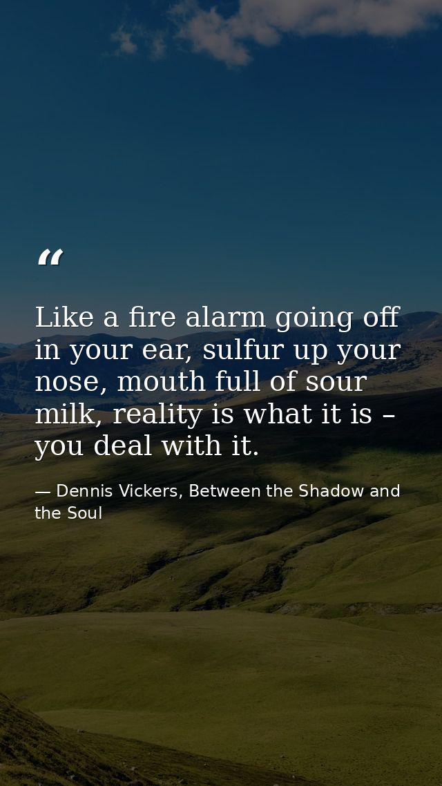 Like a fire alarm going off in your ear, sulfur up your nose, mouth full of sour milk, reality is what it is – you deal  — Dennis Vickers, Between the Shadow and the Soul